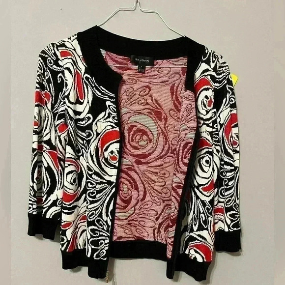 St.John (Black Label) Rose Print Knit 3/4 Sleeve Cardigan Size P - Picture 4 of 14